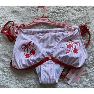 Juicy Couture Cherry Print Triangle Bikini With Heart Charm Size L Pink NEW